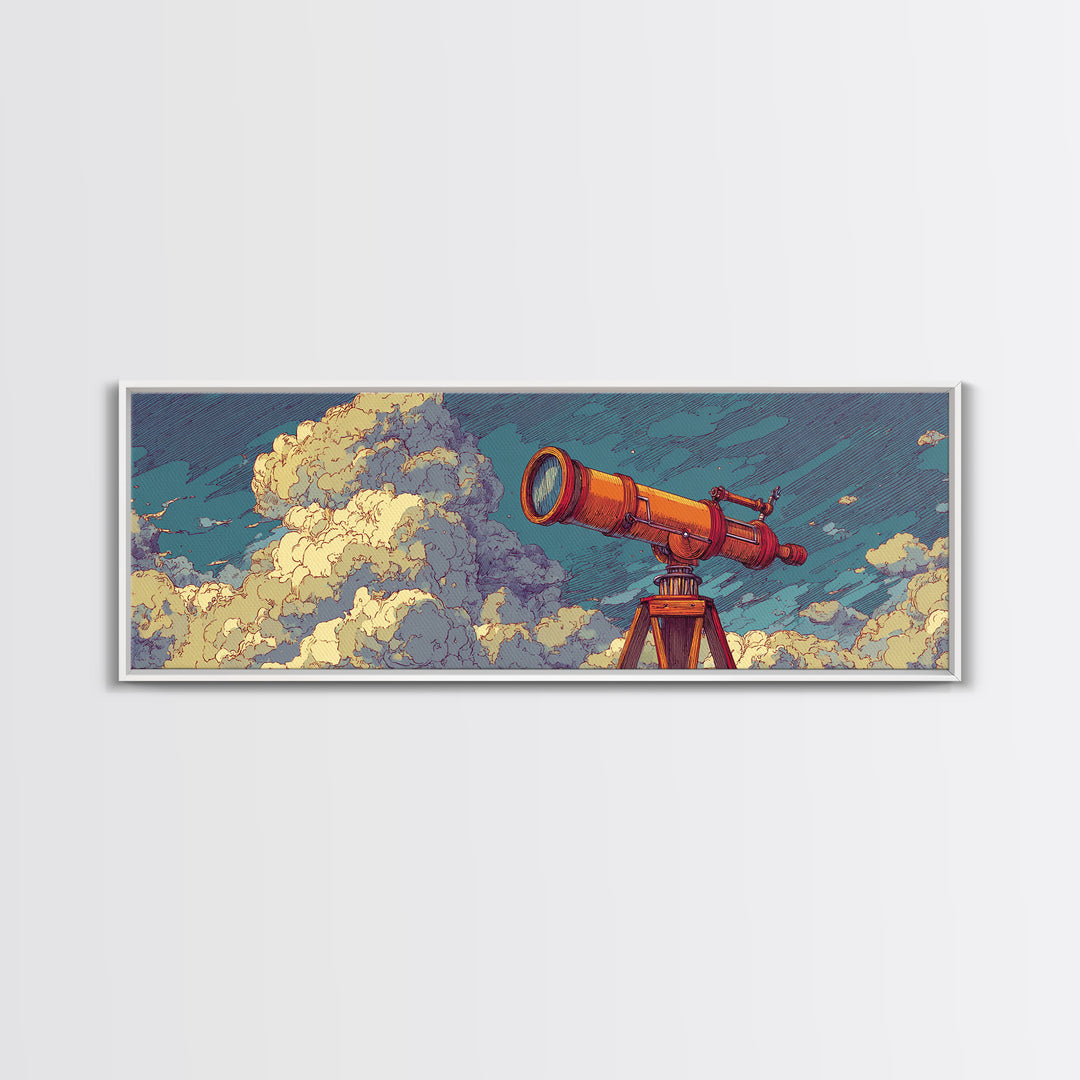 Orange Telescope In Clouds Wall Art, Retro Astronomy Poster, Midcentury Modern Art, Space Abstract Art, Office Decor, MCM Print