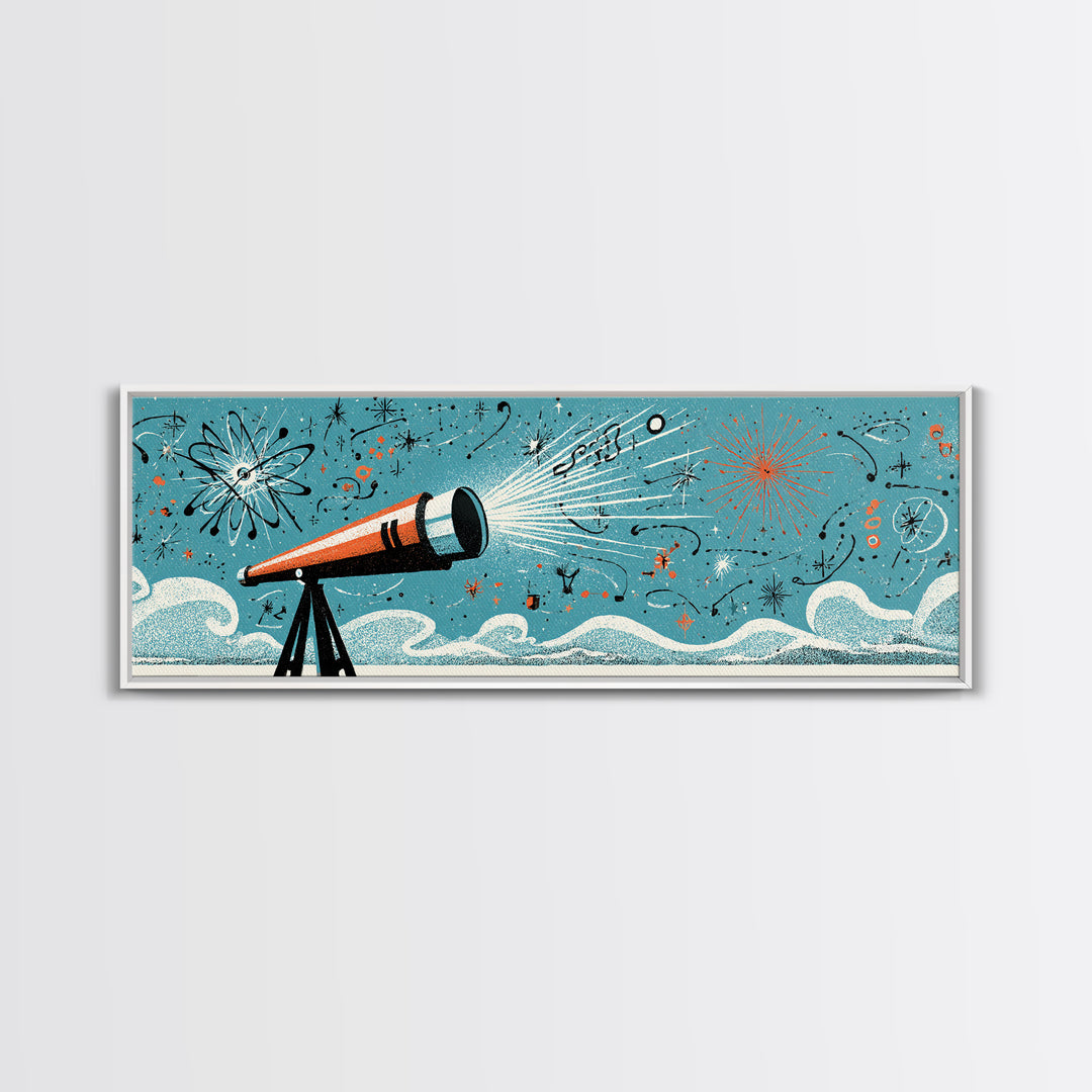 Retro Telescope Beam With Atomic Doodles Wall Art, Midcentury Modern Art, Space Poster, Geometric Wall Decor, Colorful MCM Print