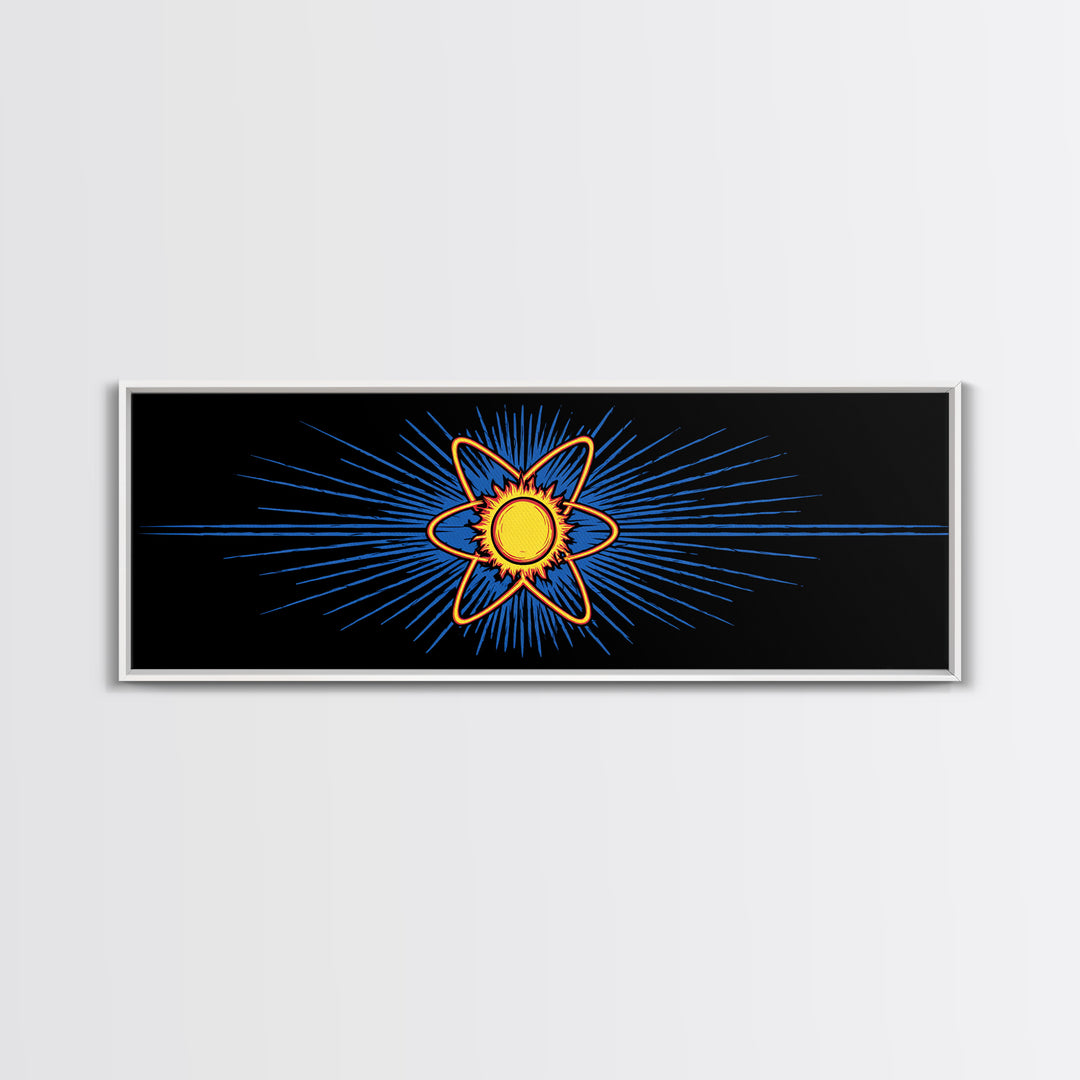 Glowing Atom With Blue Rays Wall Art, Atomic Retro Poster, Midcentury Modern Decor, Space Abstract Art, Geometric MCM Print