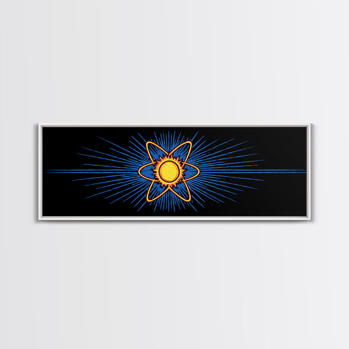 Glowing Atom With Blue Rays Wall Art, Atomic Retro Poster, Midcentury Modern Decor, Space Abstract Art, Geometric MCM Print