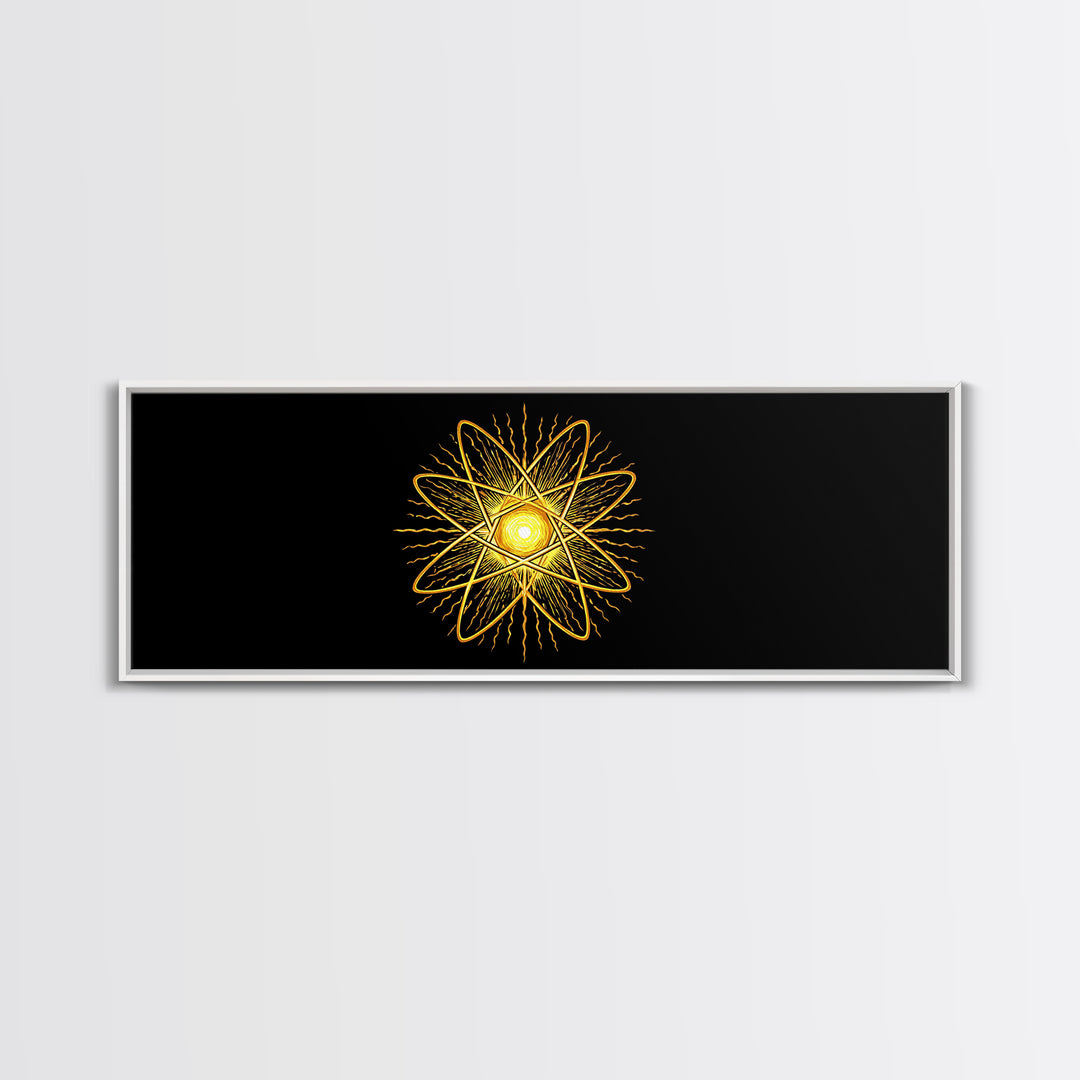 Golden Atomic Star On Black Canvas Print, Midcentury Modern Art, Retro Space Poster, Geometric Wall Decor, MCM Abstract Art