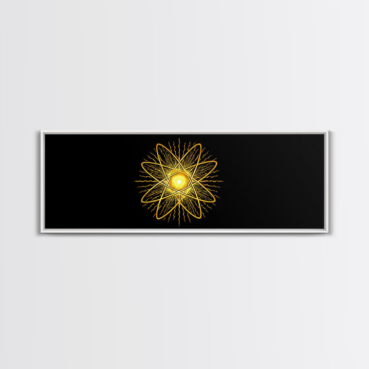 Golden Atomic Star On Black Canvas Print, Midcentury Modern Art, Retro Space Poster, Geometric Wall Decor, MCM Abstract Art
