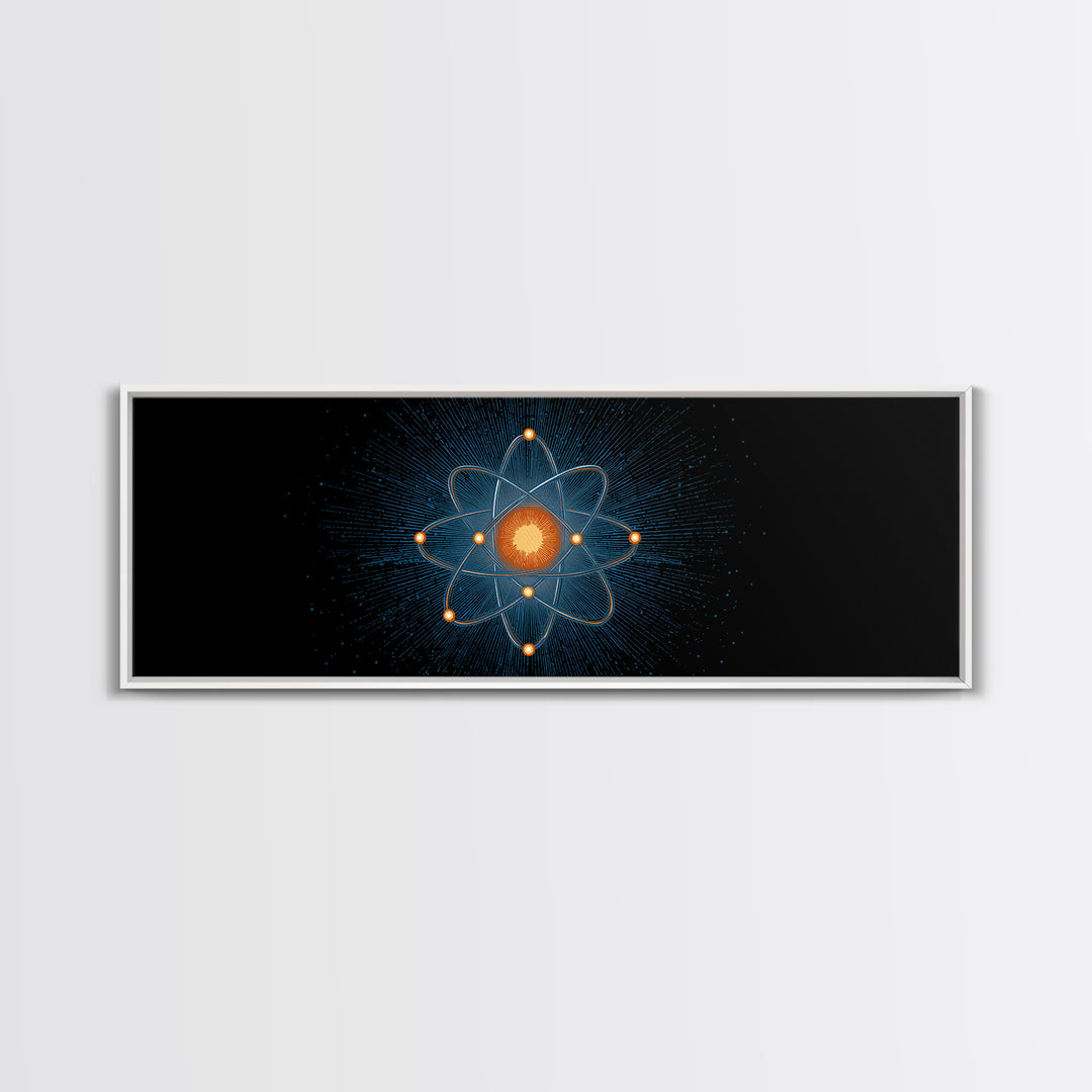 Blue Particle Atom With Orange Core Wall Art, Retro Science Poster, Midcentury Modern Decor, Space Abstract Art, MCM Print