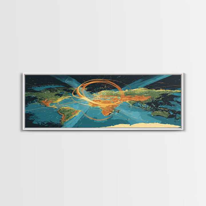 World Map With Orbital Energy Rings Framed Canvas Print, Retro Futurist Wall Art, Modern Abstract Art, Office Decor, MCM