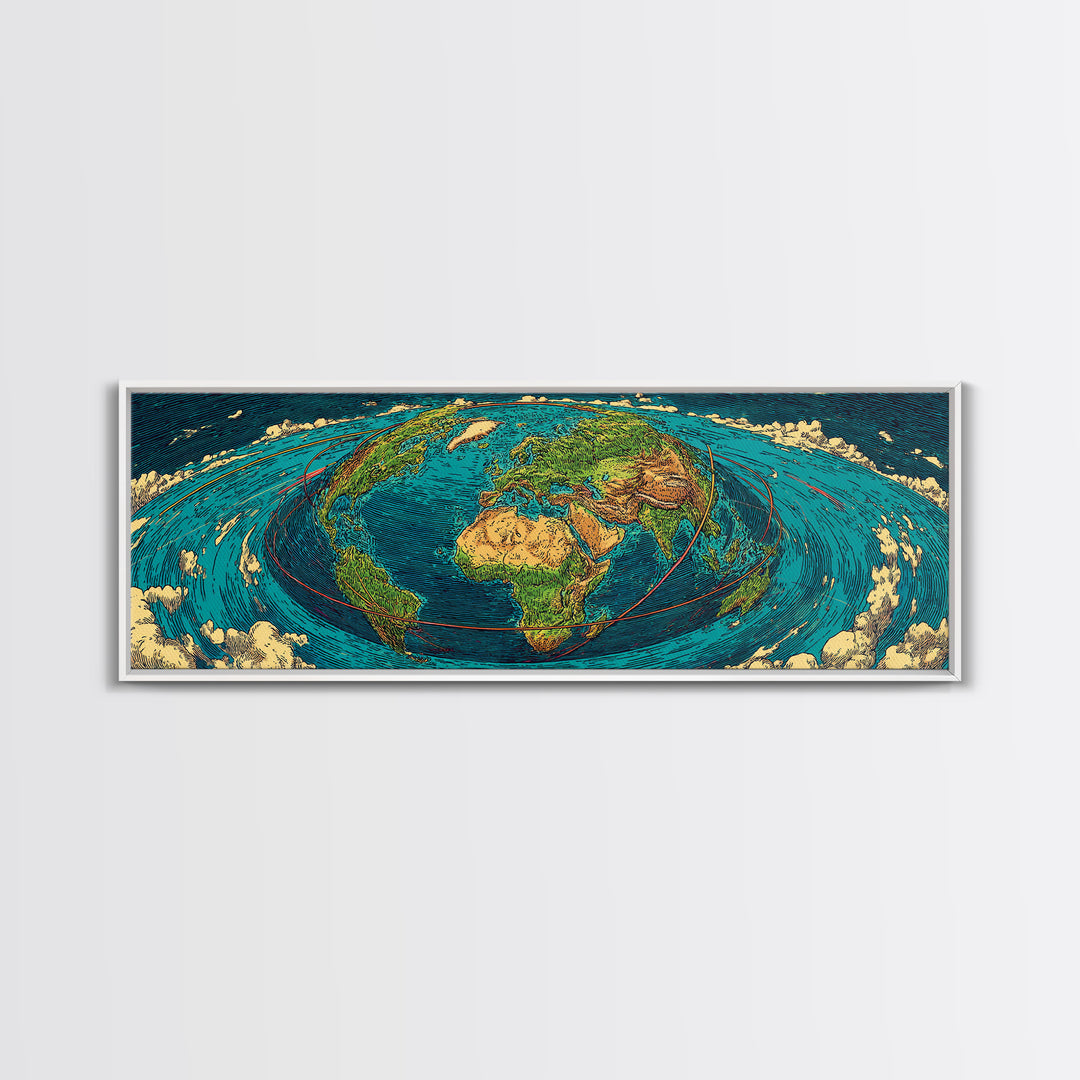 Turquoise Fisheye World Map Canvas Print, Panoramic Travel Wall Art, Modern Home Decor, Office Poster, Blue Green Artwork