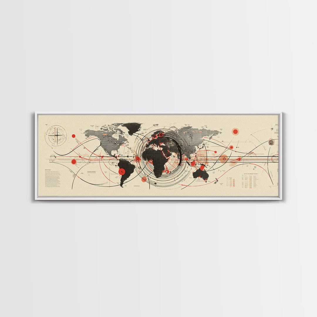 Abstract World Map With Red Orbit Lines Wall Art, Midcentury Modern Art Print, Office Decor, Home Decor, Geometric Travel Poster