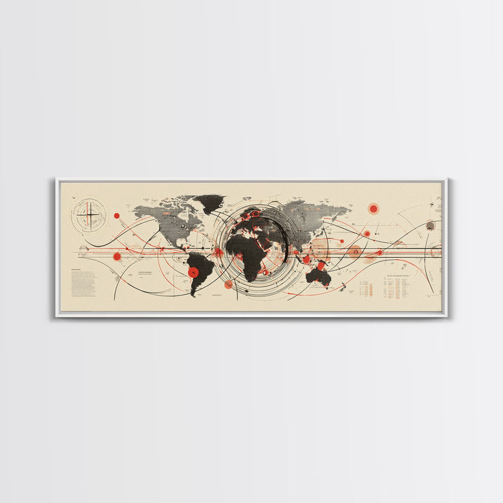 Abstract World Map With Red Orbit Lines Wall Art, Midcentury Modern Art Print, Office Decor, Home Decor, Geometric Travel Poster