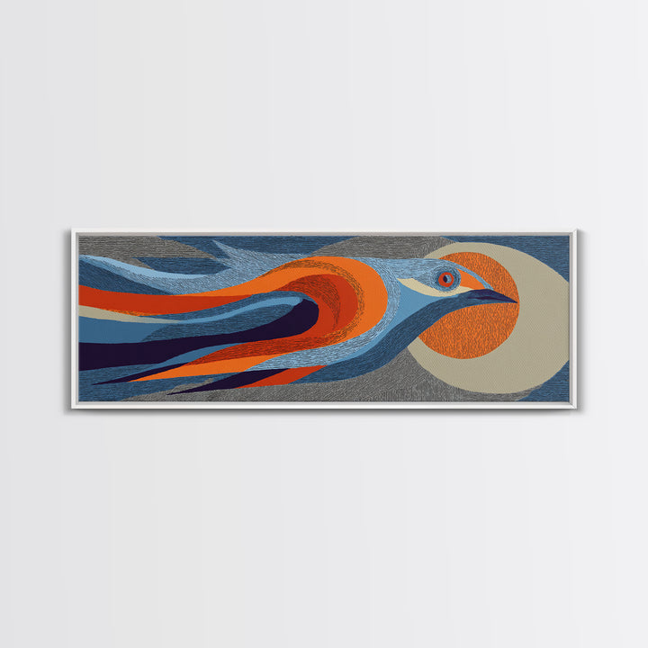 Orange Blue Streamline Bird Canvas Print, Retro Midcentury Wall Art, Geometric Wildlife Poster, Modern Home Decor For Living Room