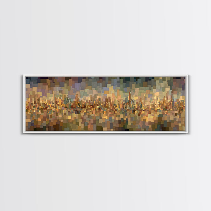 Golden Abstract City Reflection Wall Art, Modern Urban Panorama Print, Midcentury Modern Decor, Large Living Room Art Decor