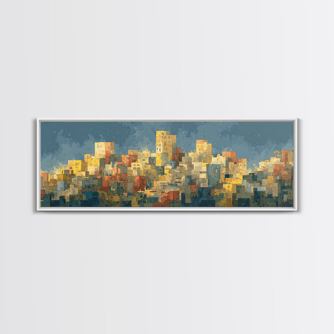 Sunlit Abstract City Skyline Wall Art, Blue And Yellow Urban Print, Midcentury Modern Decor, Living Room Office Art Decor