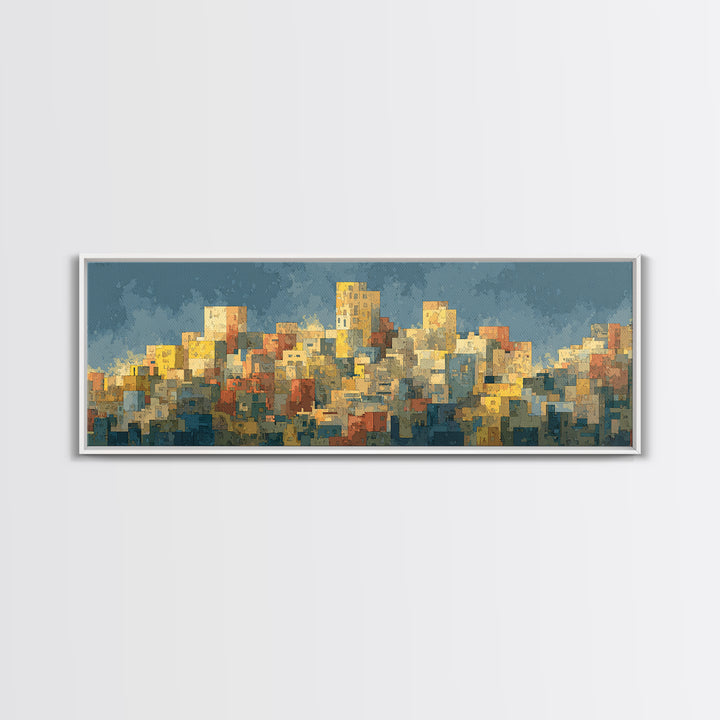 Sunlit Abstract City Skyline Wall Art, Blue And Yellow Urban Print, Midcentury Modern Decor, Living Room Office Art Decor