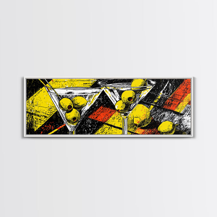 Bold Martini Glasses And Olives Wall Art, Retro Modern Cocktail Bar Decor, Yellow Black MCM Kitchen Poster Print For Lounge Decor