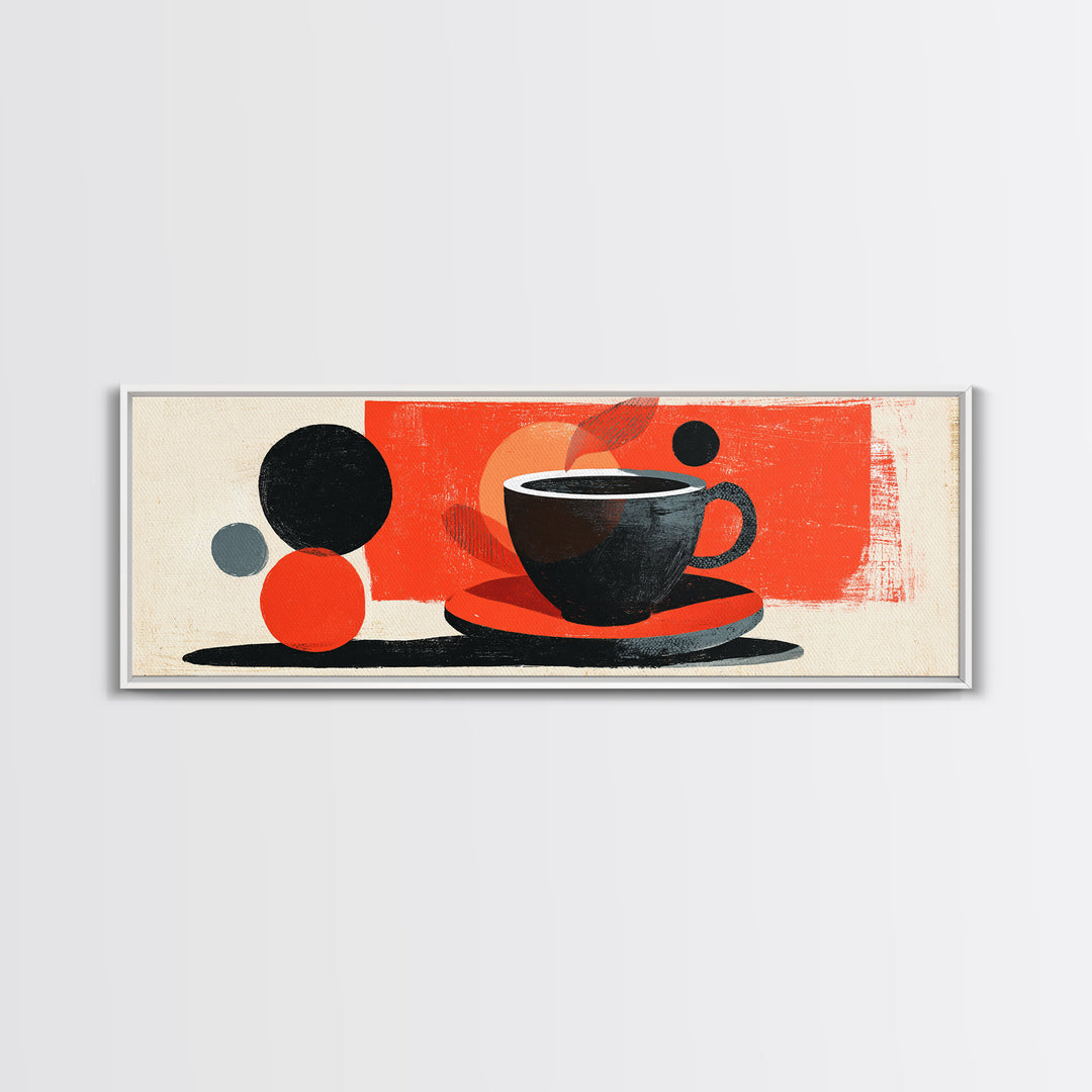 Minimal Black Coffee Cup With Red Circles Wall Art, Bauhaus Modern Kitchen Decor, Midcentury Abstract Cafe Poster Print Gift