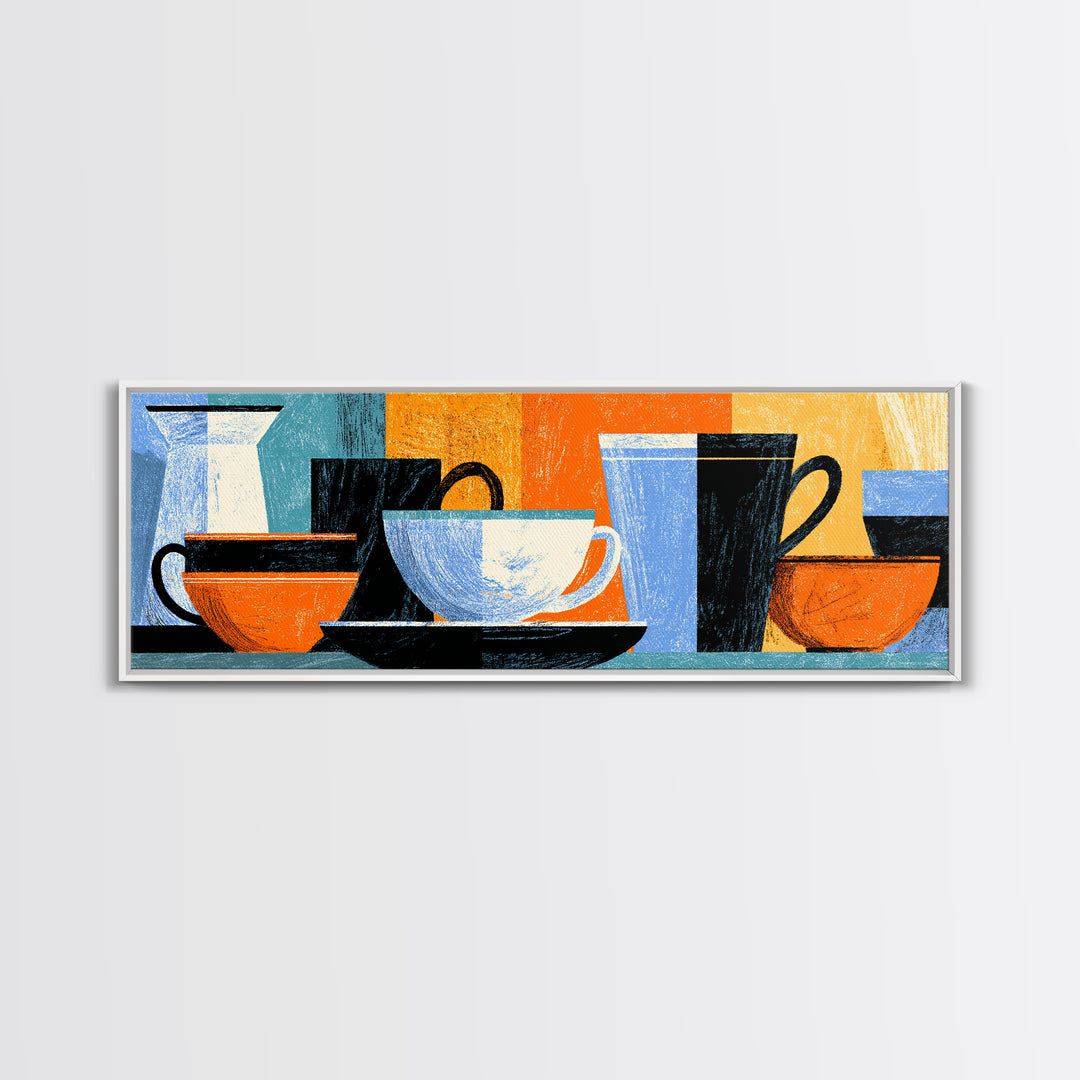 Modern Coffee Cups And Bowls Framed Canvas Print, Retro Kitchen Wall Decor, Midcentury Geometric Cafe Art For Dining Room