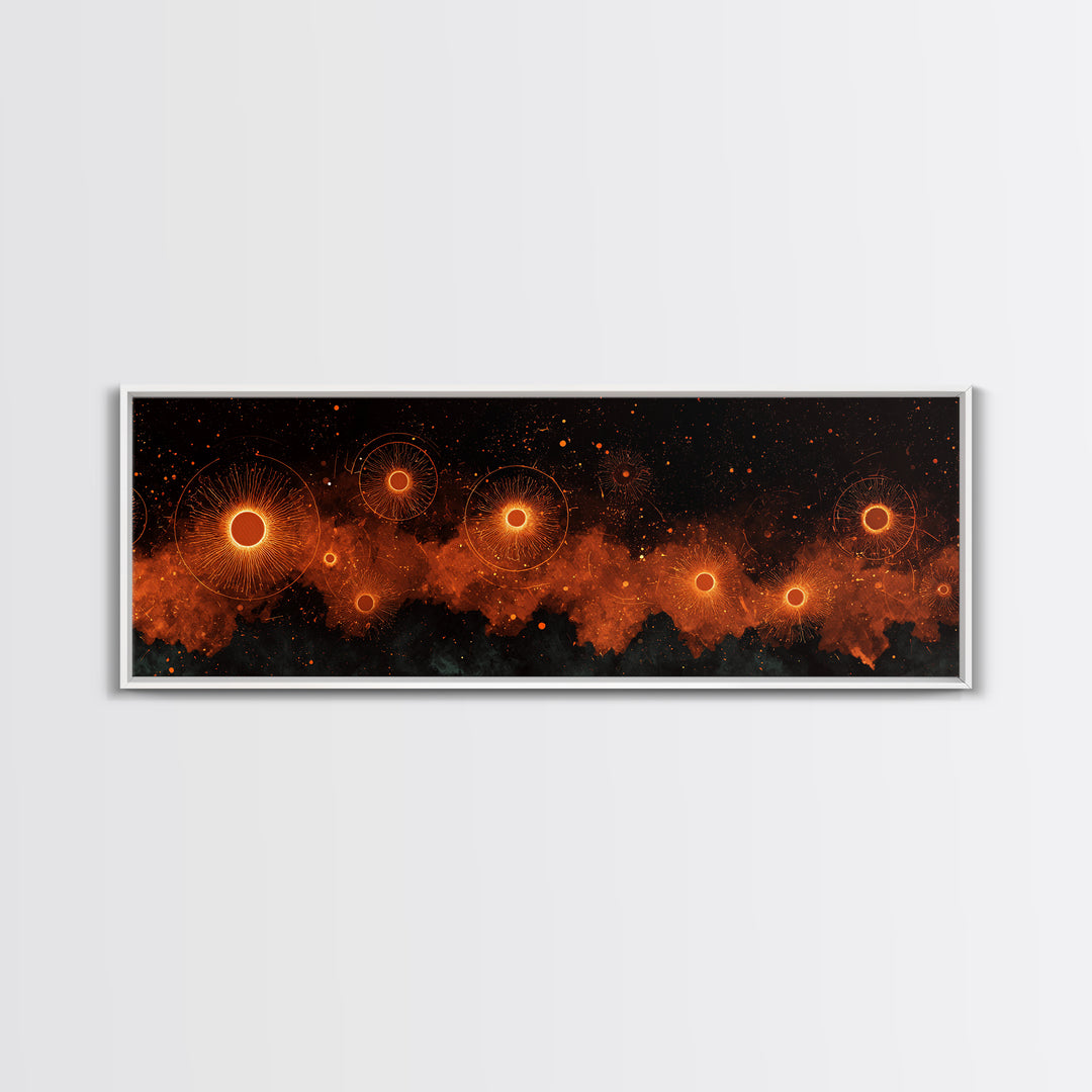 Glowing Orange Cosmic Suns Canvas Print, Space Abstract Wall Art, Modern Retro Poster, Moody Bedroom Office Decor Artwork