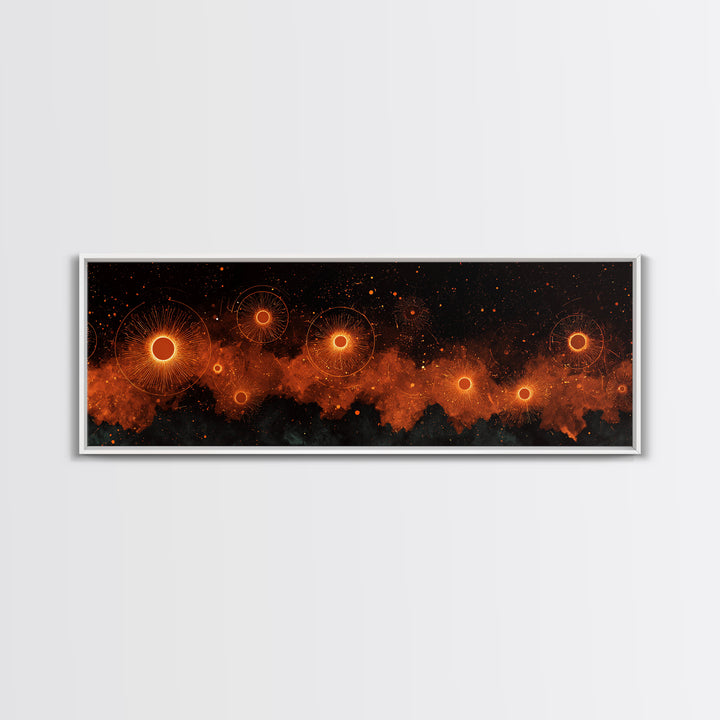 Glowing Orange Cosmic Suns Canvas Print, Space Abstract Wall Art, Modern Retro Poster, Moody Bedroom Office Decor Artwork