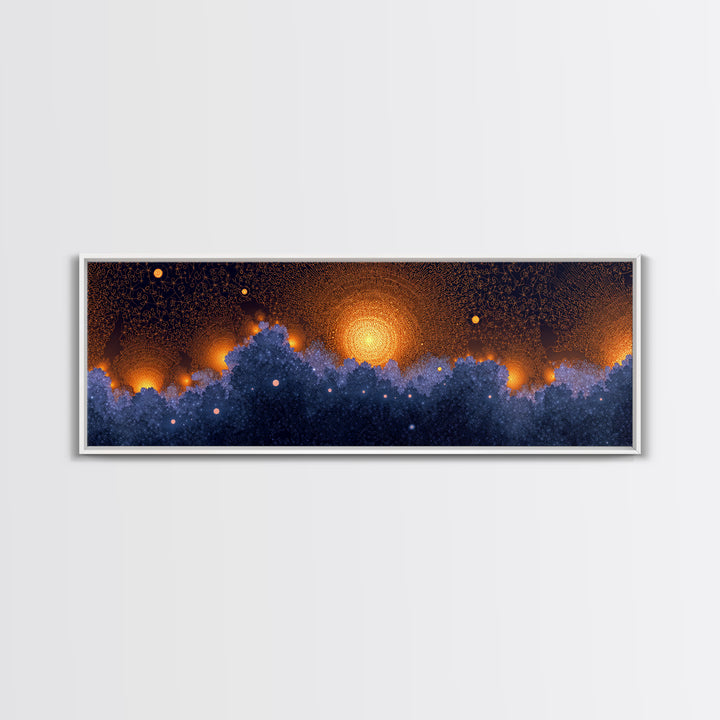 Golden Sun Over Blue Forest Wall Art, Cosmic Nature Canvas Print, Modern Abstract Poster, Moody Bedroom Office Decor Artwork
