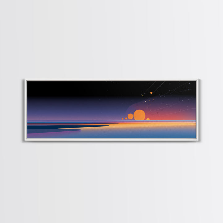 Minimalist Horizon With Orange Planets Wall Art, Retro Futuristic Canvas Print, Modern Space Poster, Office Bedroom Decor