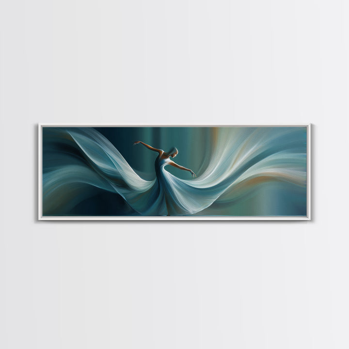 Graceful Dancer In Flowing Teal Dress Canvas Print, Elegant Modern Wall Art, Figurative Movement Poster, Bedroom Decor Gift
