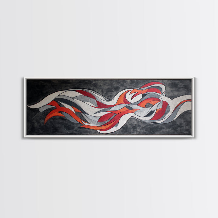 Flowing Red White Silver Ribbons Wall Art, Abstract Midcentury Modern Canvas Print, Retro Mcm Decor, Large Horizontal Art