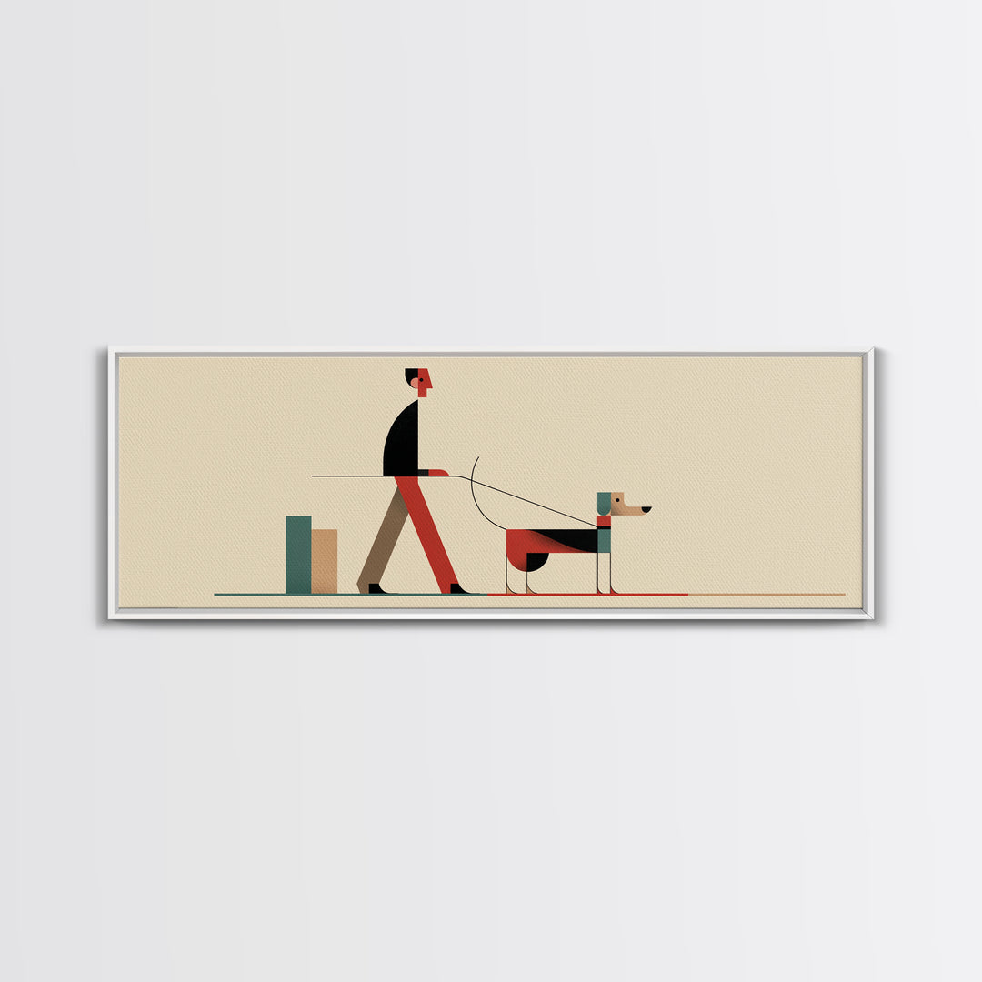 Minimal Man Walking Dog Framed Canvas Print, Mid Century Modern Art, Scandinavian Modern Wall Decor, Geometric Home Decor