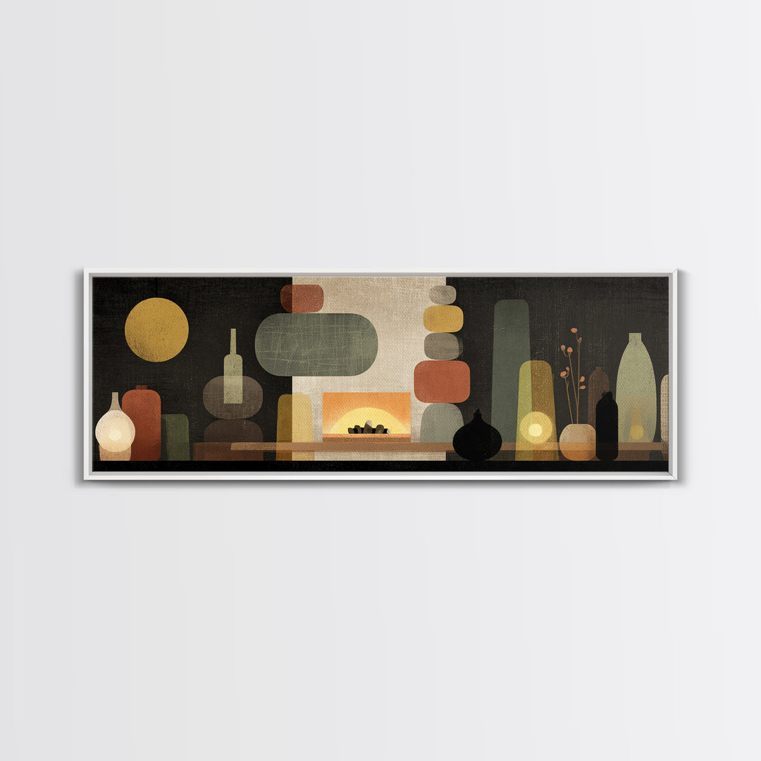 Glowing Fireplace Vessels Canvas Print, Midcentury Modern Wall Decor, Retro Abstract Art For Living Room, Office Decor, And Home Decor