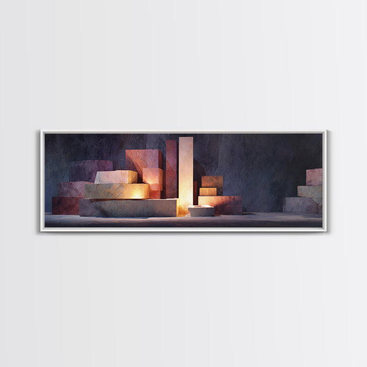 Illuminated Geometric Blocks Framed Canvas Print, Midcentury Modern Abstract Art, MCM Wall Decor For Office And Home Decor