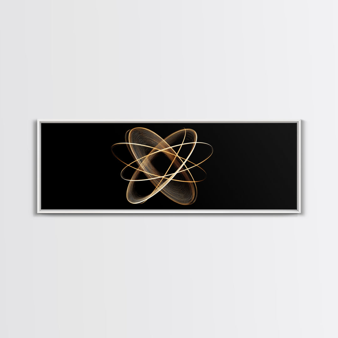 Gold Atomic Orbit Abstract Framed Canvas Print, Midcentury Modern Wall Art, Space Abstract Art, Retro Office Decor, Black Gold Decor