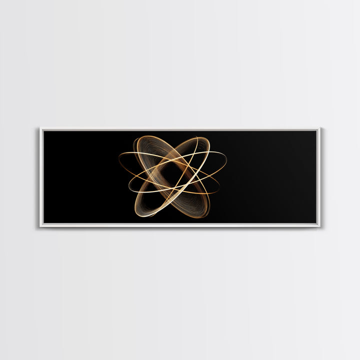Gold Atomic Orbit Abstract Framed Canvas Print, Midcentury Modern Wall Art, Space Abstract Art, Retro Office Decor, Black Gold Decor