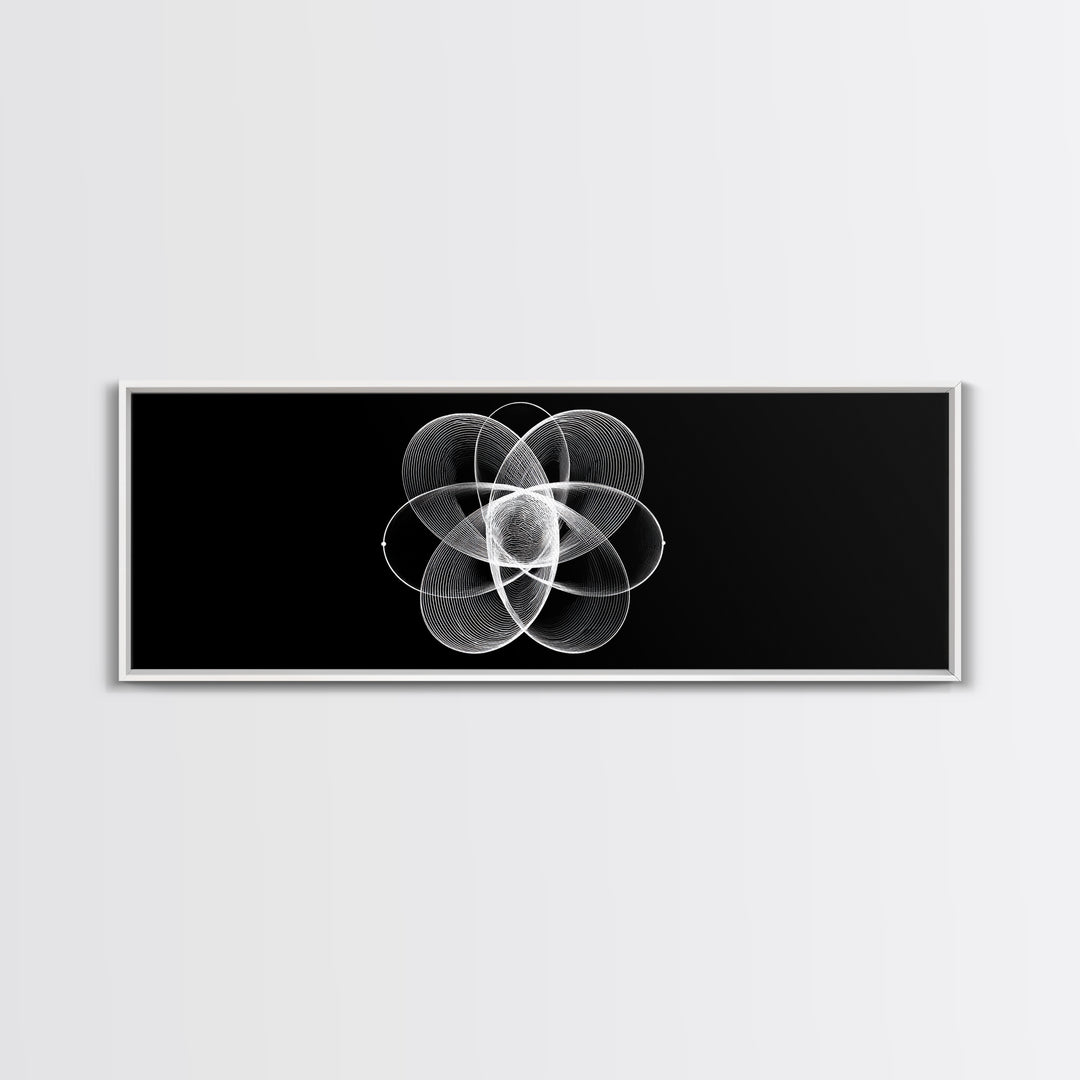 White Orbital Flower Abstract Wall Art, Modern Geometric Canvas, Black And White Midcentury Decor, Office Statement Print