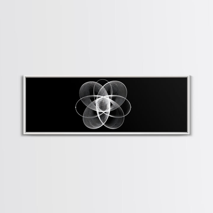 White Orbital Flower Abstract Wall Art, Modern Geometric Canvas, Black And White Midcentury Decor, Office Statement Print