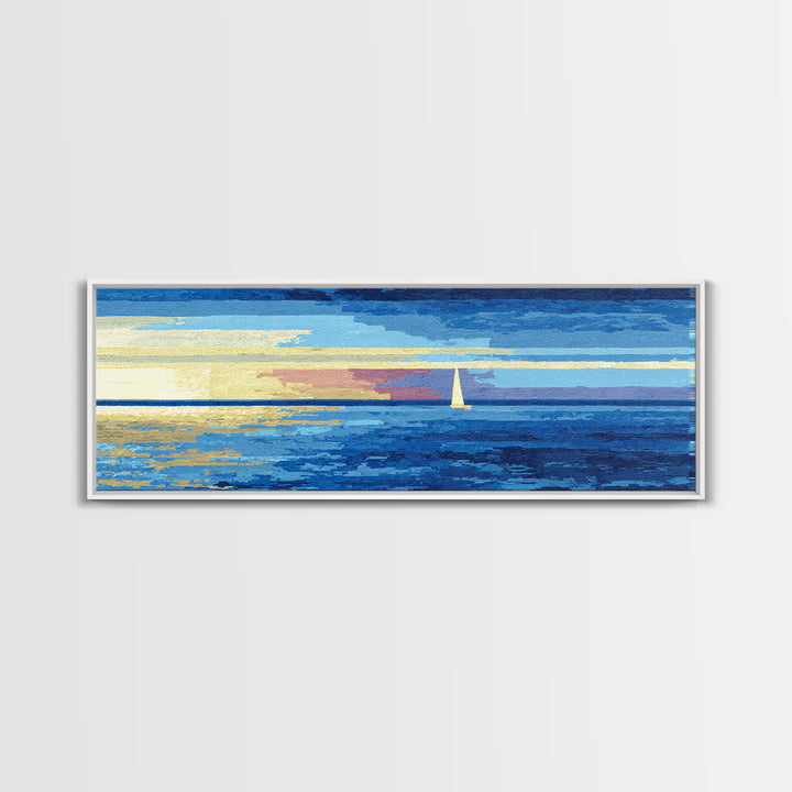 Blue Sailboat Ocean Horizon Canvas Print, Modern Coastal Wall Art, Nautical Seascape Decor, Calm Living Room Artwork Print