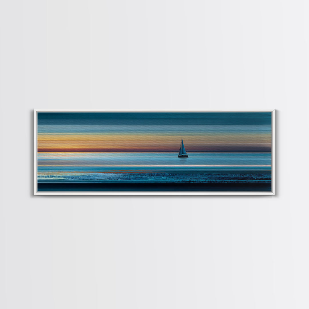 Lone Sailboat At Teal Sunset Seascape Wall Art, Panoramic Ocean Canvas, Coastal Living Room Decor, Modern Blue Art Print