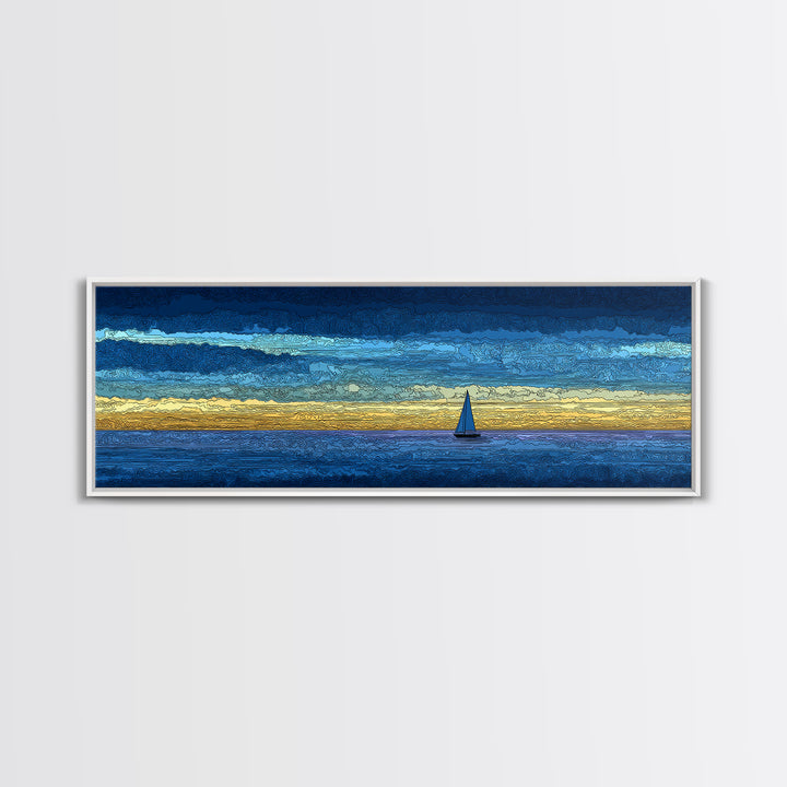Tiny Sailboat On Golden Blue Horizon Canvas Print, Panoramic Seascape Wall Decor, Coastal Modern Art For Living Room Decor