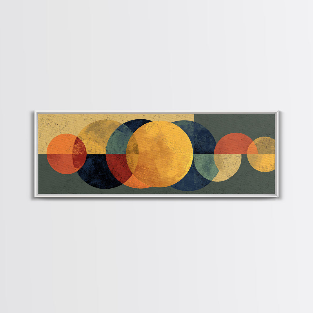 Golden Sun And Navy Circle Abstract Canvas Print, Midcentury Modern Wall Art, Geometric Living Room Decor, Retro MCM Poster