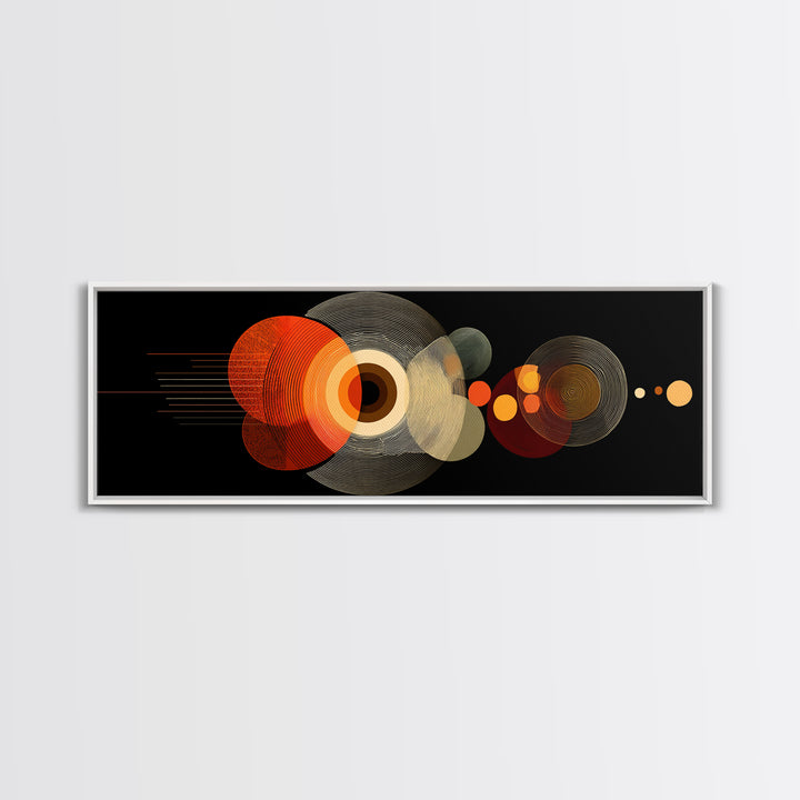 Orange Optical Circles On Black Wall Art, Midcentury Modern Geometric Canvas Print, Atomic Abstract Retro Home Decor Poster