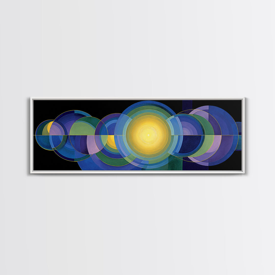 Radiant Yellow Center With Blue Green Circles Wall Art, Midcentury Modern Canvas Print, Geometric Abstract Statement Decor