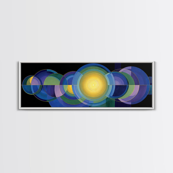 Radiant Yellow Center With Blue Green Circles Wall Art, Midcentury Modern Canvas Print, Geometric Abstract Statement Decor