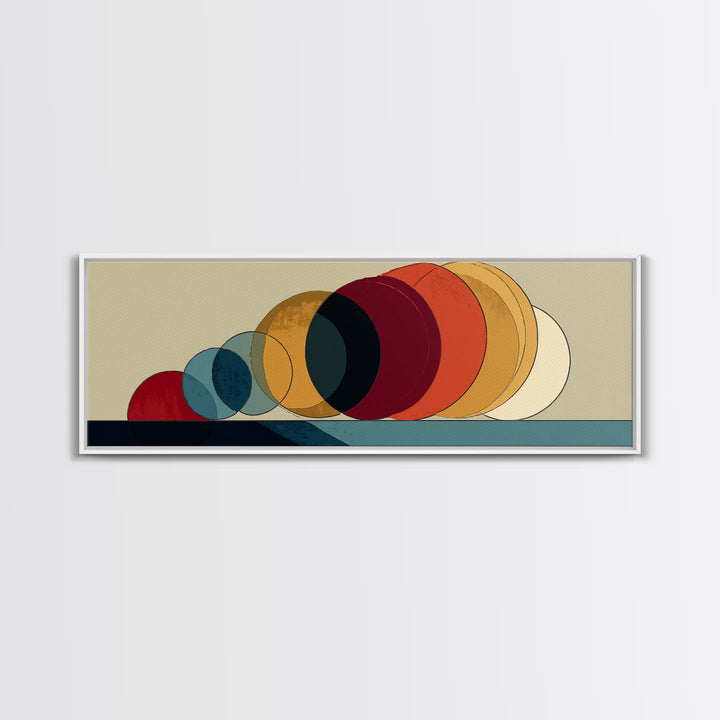 Overlapping Retro Circles In Ochre Red Blue And Cream Canvas Print, Midcentury Modern Art Print, Bauhaus MCM Wall Decor Poster