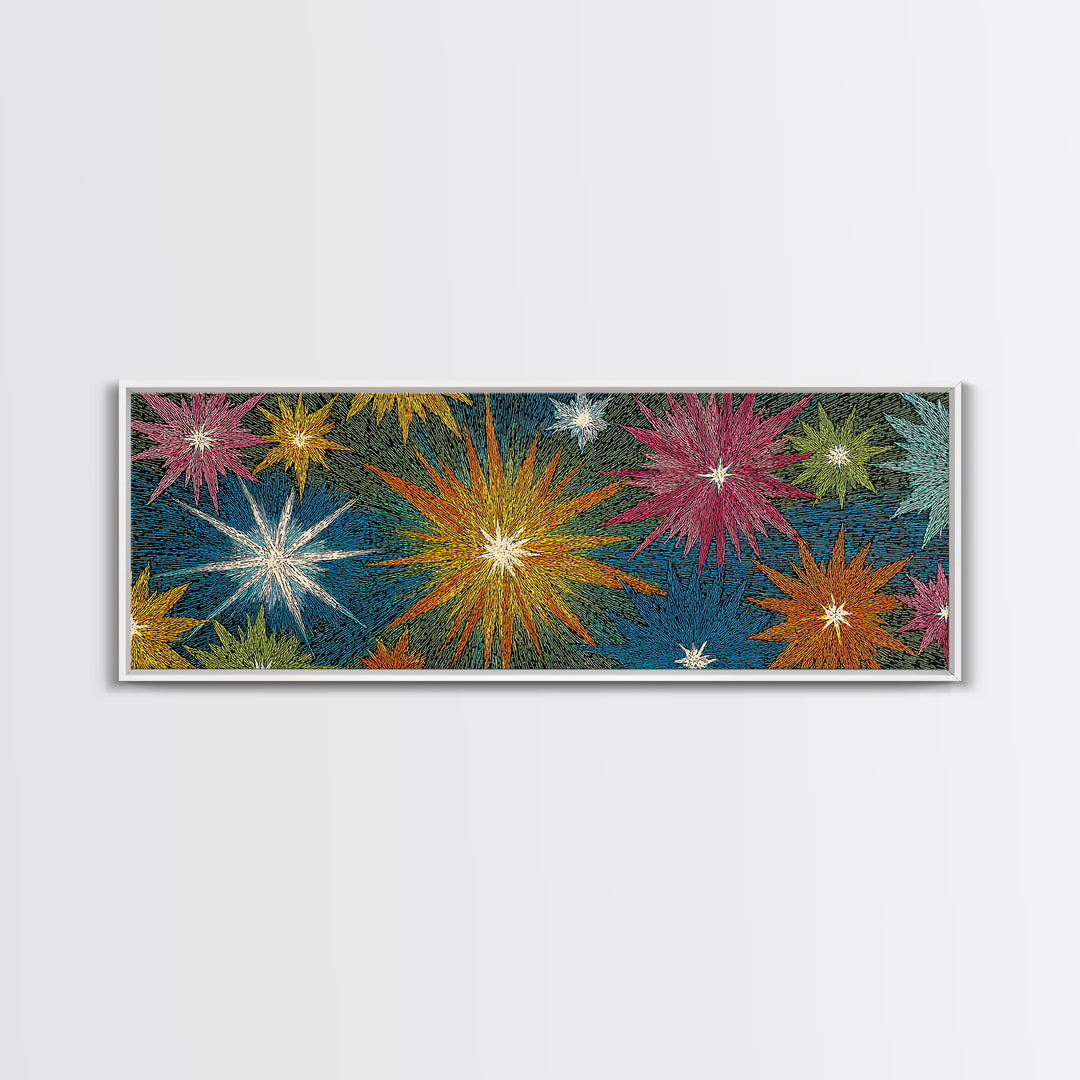 Scratchy Neon Fireworks In Pink Yellow Blue And Green Wall Art, Retro Atomic Starburst Print, Midcentury Modern Home Decor