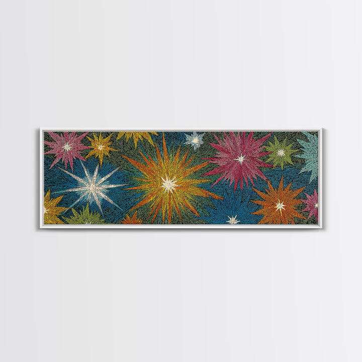 Scratchy Neon Fireworks In Pink Yellow Blue And Green Wall Art, Retro Atomic Starburst Print, Midcentury Modern Home Decor