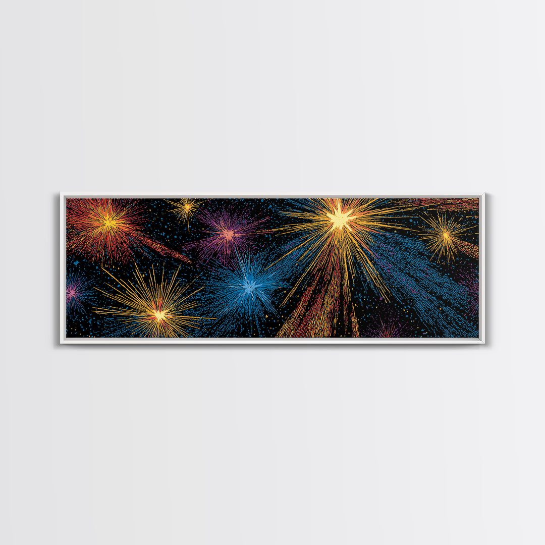 Dark Cosmic Fireworks With Blue Orange Purple And Gold Canvas Print, Retro Space Abstract Wall Art, Midcentury Modern Decor