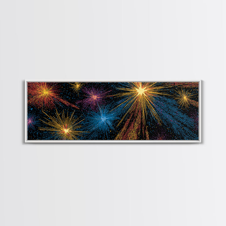 Dark Cosmic Fireworks With Blue Orange Purple And Gold Canvas Print, Retro Space Abstract Wall Art, Midcentury Modern Decor