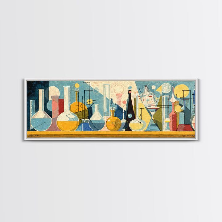 Modernist Laboratory Bottles And Beakers In Aqua Gold And Red Framed Canvas Print, Midcentury Modern Wall Art, Science Decor