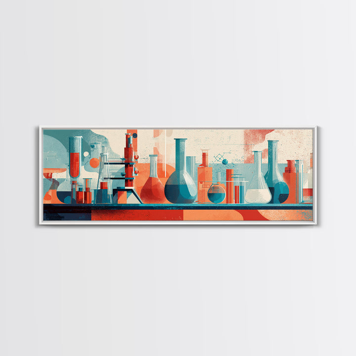 Teal And Coral Science Lab Framed Canvas Print, Mid Century Modern Chemistry Wall Art, Retro Abstract Office Decor Poster