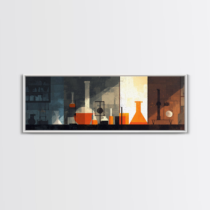 Moody Orange Laboratory Glassware Wall Art, Mid Century Modern Science Poster, Abstract Chemistry Office Decor Print For Lab