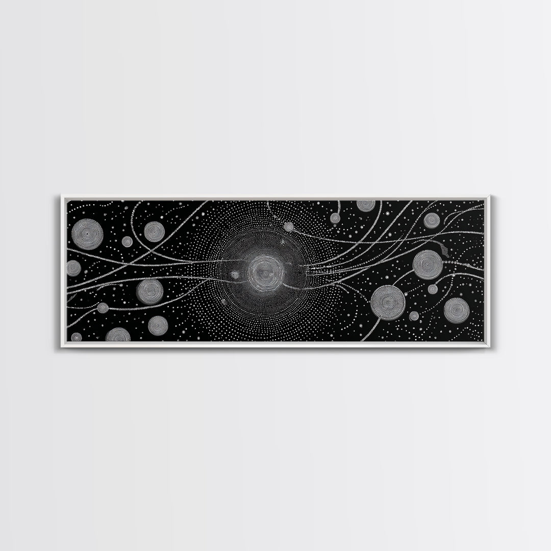 Black And White Particle Galaxy Framed Canvas Print, Modern Abstract Art, Sci Fi Space Wall Decor, Minimalist Office Poster