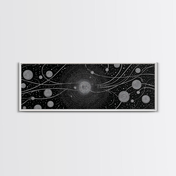 Black And White Particle Galaxy Framed Canvas Print, Modern Abstract Art, Sci Fi Space Wall Decor, Minimalist Office Poster