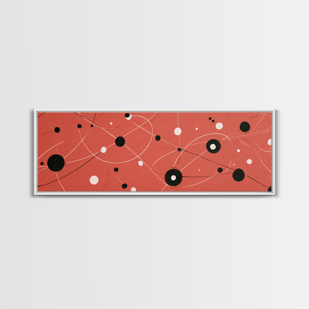 Coral Atomic Orbit Abstract With Black And White Dots, Midcentury Modern Wall Art, Retro Space Poster, MCM Home Decor, Large Canvas Print