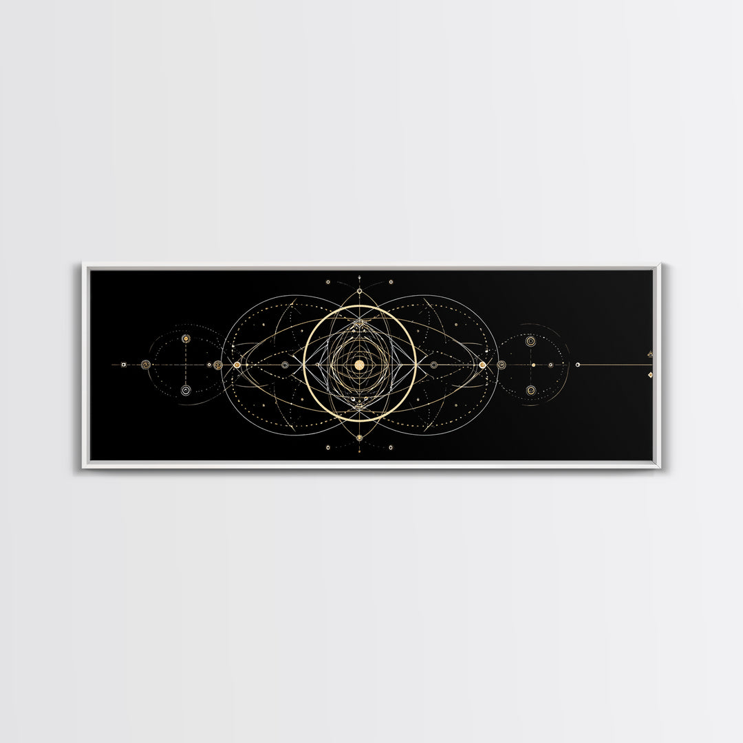 Gold Sacred Geometry Mandala On Black, Spiritual Wall Art, Modern Abstract Art Print, Celestial Framed Canvas Print, Home Decor